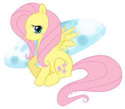 Size: 1280x1111 | Tagged: safe, artist:bubble89, imported from derpibooru, fluttershy, pegasus, pony, abstract background, blushing, female, looking at you, mare, profile, raised hoof, sitting, smiling, solo, spread wings, three quarter view, wings