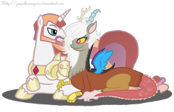 Size: 2026x1304 | Tagged: dead source, safe, artist:jaquelindreamz, imported from derpibooru, discord, princess celestia, alicorn, pony, blushing, crossed hooves, dislestia, eris, female, lidded eyes, looking at each other, male, prince solaris, prone, rule 63, shipping, simple background, smiling, soleris, spread wings, straight, transparent background, wings