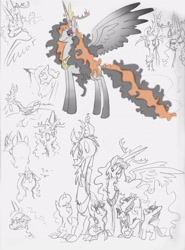 Size: 2550x3445 | Tagged: safe, artist:frankilew, imported from derpibooru, discord, princess celestia, discorded, dislestia, female, high res, male, shipping, straight, traditional art