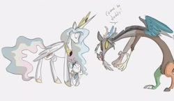 Size: 3415x1980 | Tagged: safe, artist:frankilew, imported from derpibooru, discord, princess celestia, hybrid, dislestia, female, interspecies offspring, male, offspring, parent:discord, parent:princess celestia, parents:dislestia, shipping, simple background, straight, traditional art, white background