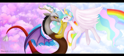 Size: 1600x723 | Tagged: safe, artist:mn27, imported from derpibooru, discord, princess celestia, dislestia, female, male, shipping, straight