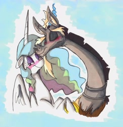 Size: 2312x2375 | Tagged: safe, artist:frankilew, imported from derpibooru, discord, princess celestia, alicorn, draconequus, pony, dislestia, female, high res, male, shipping, straight, traditional art