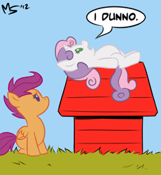 Size: 1176x1280 | Tagged: safe, artist:elslowmo, artist:megasweet, imported from derpibooru, scootaloo, sweetie belle, ask smarty belle, doghouse, duo, parody, peanuts, smarty belle, snoopy