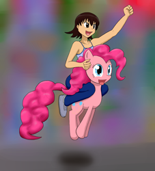 Size: 1500x1650 | Tagged: safe, artist:empyu, imported from derpibooru, pinkie pie, earth pony, human, pony, abstract background, azumanga daioh, crossover, duo, humans riding ponies, riding, smiling, takino tomo