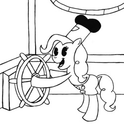 Size: 519x519 | Tagged: safe, artist:samueleallen, imported from derpibooru, pinkie pie, earth pony, pony, 1920s, 20s, black and white cartoon, disney, old time, old timey, oldschool cartoon, pac-man eyes, parody, steamboat, steamboat willie, style emulation