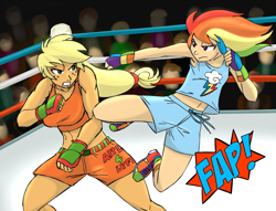 Size: 1500x1143 | Tagged: safe, artist:megasweet, artist:php44, imported from derpibooru, applejack, rainbow dash, human, applebucking thighs, belly button, boxing, clothes, fap, fight, fingerless gloves, gloves, hatless, humanized, kickboxing, martial arts, midriff, missing accessory, mixed martial arts, shorts, sports bra