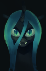 Size: 652x1010 | Tagged: safe, artist:blu-red, imported from derpibooru, queen chrysalis, changeling, changeling queen, black background, bust, fangs, female, looking at you, simple background, smiling, solo