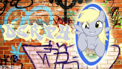 Size: 1366x768 | Tagged: safe, artist:detectivebuddha, imported from derpibooru, derpy hooves, pegasus, pony, female, graffiti, mare, portal, solo, wallpaper