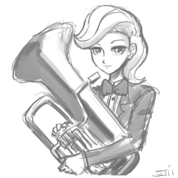 Size: 900x900 | Tagged: safe, artist:johnjoseco, imported from derpibooru, beauty brass, human, female, grayscale, humanized, monochrome, musical instrument, solo, tuba