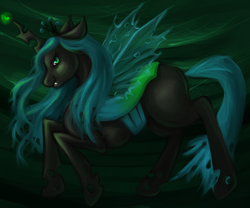 Size: 1024x853 | Tagged: source needed, safe, artist:chelekat, imported from derpibooru, queen chrysalis, changeling, changeling queen, fangs, female, green eyes, solo