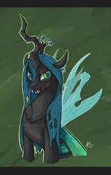 Size: 574x900 | Tagged: safe, artist:keyfeathers, imported from derpibooru, queen chrysalis, changeling, changeling queen, crown, fangs, female, frown, jewelry, open mouth, regalia, signature, sitting, smiling, solo