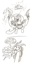 Size: 504x1000 | Tagged: safe, artist:mickeymonster, imported from derpibooru, discord, fluttershy, draconequus, pegasus, pony, bipedal, comic, female, god of war, kratos, male, mare, monochrome, parody, speech bubble, sword, this will end in death, weapon, yelling