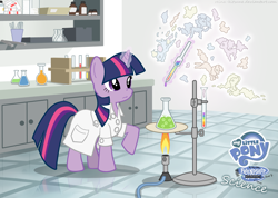 Size: 1500x1066 | Tagged: safe, artist:reina-kitsune, imported from derpibooru, twilight sparkle, pony, unicorn, bunsen burner, chemicals, clothes, erlenmeyer flask, female, lab coat, laboratory, magic, magic aura, mare, science, scientist, smoke pony, solo, telekinesis, unicorn twilight