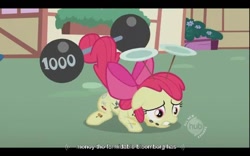 Size: 640x400 | Tagged: safe, imported from derpibooru, screencap, apple bloom, the cutie pox, hub logo, implied bloomberg, youtube caption