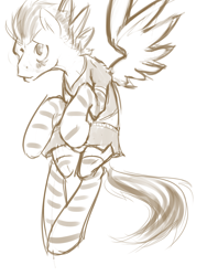 Size: 1280x1699 | Tagged: safe, artist:dovne, imported from derpibooru, soarin', pegasus, pony, blushing, clothes, crossdressing, male, monochrome, sketch, skirt, socks, solo, stallion, striped socks