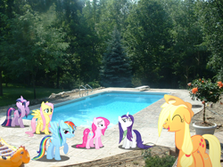 Size: 900x675 | Tagged: safe, imported from derpibooru, applejack, fluttershy, pinkie pie, rainbow dash, rarity, twilight sparkle, mane six, swimming, swimming pool, wet, wet mane, wet mane rarity