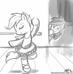 Size: 837x850 | Tagged: safe, artist:johnjoseco, imported from derpibooru, rainbow dash, scootaloo, pegasus, pony, ballet, bipedal, clothes, cute, cutealoo, dancing, dress, eyes closed, female, filly, foal, grayscale, mare, monochrome, shoes, signature, skirt, skirtaloo, smiling, tutu