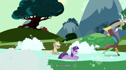 Size: 852x473 | Tagged: safe, imported from derpibooru, screencap, applejack, discord, twilight sparkle, draconequus, earth pony, pony, unicorn, the return of harmony, bill clinton, female, hub logo, logo, male, mare, the hub, trio, unicorn twilight, youtube caption