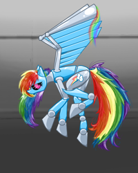 Size: 800x1000 | Tagged: safe, artist:u1fric, imported from derpibooru, rainbow dash, robot, badass, clone, crossover, dashbot, female, metal, metal dash, rainbot dash, solo, species swap