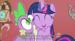 Size: 856x473 | Tagged: safe, edit, edited screencap, imported from derpibooru, screencap, spike, twilight sparkle, dragon, pony, unicorn, caption, female, magic, magical encouragement, male, mare, text, youtube caption