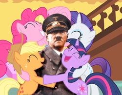 Size: 500x390 | Tagged: safe, edit, edited screencap, imported from derpibooru, screencap, applejack, fluttershy, pinkie pie, rainbow dash, rarity, twilight sparkle, earth pony, human, pony, unicorn, the cutie mark chronicles, adolf hitler, clothes, female, history, hug, irl, irl human, male, mane six, mare, nazi, op is a duck, op is trying to start shit, photo, swastika