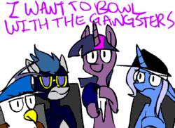 Size: 550x400 | Tagged: safe, artist:ghost, artist:the-awesome-pup, imported from derpibooru, fluttershy, gilda, pinkie pie, rainbow dash, trixie, twilight sparkle, earth pony, griffon, pegasus, pony, unicorn, animated, clothes, costume, female, shadowbolts, shadowbolts costume, weird al yankovic, white and nerdy