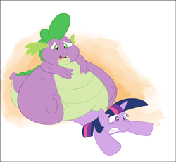 Size: 1280x1184 | Tagged: safe, artist:samael, imported from derpibooru, spike, twilight sparkle, bhm, crushing, fat, fat spike, flattened, morbidly obese, obese, sitting