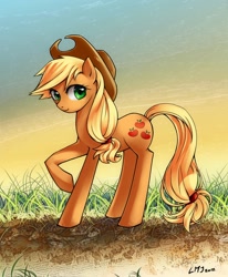 Size: 1400x1700 | Tagged: safe, artist:katiramoon, imported from derpibooru, applejack, earth pony, pony, female, looking at you, mare, raised hoof, solo
