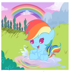 Size: 800x818 | Tagged: safe, artist:freewingss, imported from derpibooru, rainbow dash, pony, baby, baby dash, baby pony, cute, dashabetes, female, filly, foal, puddle, rainbow, solo