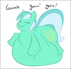 Size: 500x485 | Tagged: safe, artist:samael, imported from derpibooru, lyra heartstrings, pony, unicorn, belly, belly bed, big belly, chubby cheeks, fat, huge belly, immobile, impossibly large belly, lard-ra heartstrings, lyra feedee, morbidly obese, obese, smiling, solo, weight gain