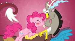 Size: 692x386 | Tagged: safe, artist:ponifiedperegrine, imported from derpibooru, discord, pinkie pie, blushing, discopie, female, kissing, male, shipping, straight