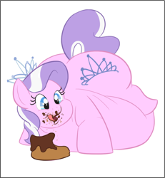 Size: 698x756 | Tagged: safe, artist:samael, imported from derpibooru, diamond tiara, earth pony, pony, butt, cake, chubby diamond, fat, food, impossibly large belly, messy eating, morbidly obese, obese, plot, solo