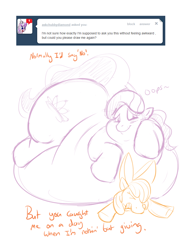 Size: 826x1076 | Tagged: safe, artist:samael, imported from derpibooru, apple bloom, diamond tiara, earth pony, pony, ask chubby diamond, belly, belly bed, blushing, chubby diamond, crushing, fat, impossibly large belly, morbidly obese, obese