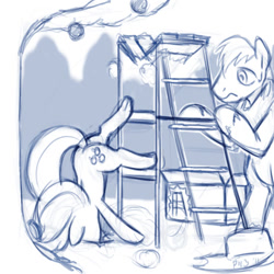 Size: 600x600 | Tagged: safe, artist:warepwn3, imported from derpibooru, applejack, big macintosh, pony, accident, face down ass up, faceplant, fail, ladder, monochrome, silly, silly pony, who's a silly pony