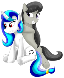 Size: 4515x5446 | Tagged: safe, artist:playfulpossum, imported from derpibooru, dj pon-3, octavia melody, vinyl scratch, earth pony, pony, unicorn, absurd resolution, alternate hairstyle, duo, female, lesbian, mare, scratchtavia, shipping, simple background, white background