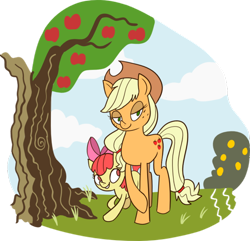 Size: 600x579 | Tagged: safe, artist:grendel-the-monster, imported from derpibooru, apple bloom, applejack, earth pony, pony, apple, apple tree, bedroom eyes, female, filly, foal, food, mare, raised hoof, tree