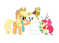 Size: 800x582 | Tagged: safe, artist:deprava, imported from derpibooru, apple bloom, applejack, boots, clothes, duo, hat, scarf, sisters, snow, snowmare, snowpony, winter