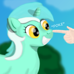 Size: 850x850 | Tagged: safe, artist:revokat, imported from derpibooru, lyra heartstrings, human, pony, boop, grin, hand, humie, irrational exuberance, poking, rational exuberance, smiling, squee, that pony sure does love hands