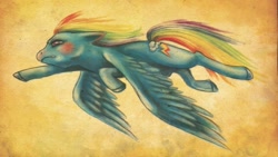 Size: 886x500 | Tagged: safe, artist:sleepwalks, imported from derpibooru, rainbow dash, pegasus, pony, female, flying, mare, solo