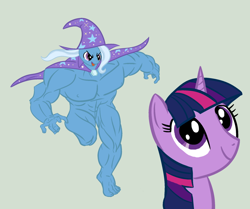 Size: 900x751 | Tagged: safe, artist:anonimounanime, artist:bonus, imported from derpibooru, trixie, twilight sparkle, anthro, plantigrade anthro, unicorn, abs, female, fetish, grand and muscular trixie, gray background, manly, mare, muscle fetish, muscles, overdeveloped muscles, simple background, this will end in pain, unicorn twilight, wat