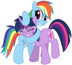 Size: 839x760 | Tagged: safe, artist:bswprecious, imported from derpibooru, rainbow dash, twilight sparkle, pegasus, pony, unicorn, bipedal, duo, eyes closed, female, mare, noogie, simple background, transparent background, unamused