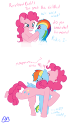 Size: 900x1600 | Tagged: safe, artist:bb, imported from derpibooru, pinkie pie, rainbow dash, blushing, cotton candy, female, food, lesbian, pinkiedash, shipping, skittles, sniffing, wingboner