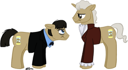 Size: 871x481 | Tagged: dead source, safe, artist:julianwilbury, imported from derpibooru, doctor whooves, time turner, earth pony, pony, unicorn, crossover, doctor who, duo, jon pertwee, patrick troughton, ponified, second doctor, self ponidox, simple background, the doctor, third doctor, timelord ponidox, transparent background