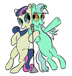 Size: 740x785 | Tagged: safe, artist:plasters-ponies, artist:rubrony, imported from derpibooru, bon bon, lyra heartstrings, sweetie drops, earth pony, pony, unicorn, bipedal, colored, duet, female, lesbian, lyrabon, microphone, shipping, singing