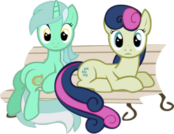 Size: 900x694 | Tagged: safe, imported from derpibooru, bon bon, lyra heartstrings, sweetie drops, earth pony, pony, unicorn, bench, duo, female, looking at you, mare, simple background, sitting, sitting lyra, transparent background