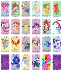 Size: 1236x1415 | Tagged: safe, artist:rannva, imported from derpibooru, apple bloom, applejack, big macintosh, cherry jubilee, discord, fluttershy, granny smith, philomena, pinkie pie, princess cadance, princess celestia, princess luna, rainbow dash, rarity, scootaloo, shining armor, spike, sweetie belle, tank, trixie, twilight sparkle, zecora, alicorn, draconequus, dragon, earth pony, pegasus, phoenix, pony, tortoise, unicorn, zebra, chocolate, chocolate rain, cloud, cotton candy, cotton candy cloud, cutie mark crusaders, element of generosity, element of honesty, element of kindness, element of laughter, element of loyalty, element of magic, elements of harmony, female, filly, food, major arcana, male, mane seven, mane six, mare, poison joke, rain, sonic rainboom, stallion, tarot card