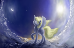 Size: 1526x1000 | Tagged: safe, artist:grayma1k, imported from derpibooru, derpy hooves, pegasus, pony, female, mare, moon, night, solo, stars