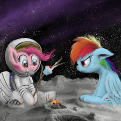 Size: 900x900 | Tagged: dead source, safe, artist:peasantb, imported from derpibooru, pinkie pie, rainbow dash, earth pony, pegasus, pony, astronaut, cupcake, moon, roasting, spacesuit