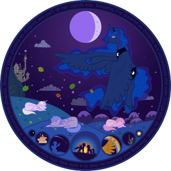 Size: 1511x1511 | Tagged: safe, artist:grayma1k, imported from derpibooru, princess luna, oc, alicorn, earth pony, pegasus, pony, unicorn, book, candle, canterlot, circle, cloud, cloudy, eyes closed, flying, leaves, moon, mountain, night, rainbow, shooting star, sleeping, stars, sun, text