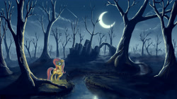 Size: 4320x2430 | Tagged: dead source, safe, artist:azenge, imported from derpibooru, fluttershy, pony, crescent moon, ears back, female, fog, forest, lantern, mist, moon, moonlight, mouth hold, night, raised hoof, scenery, solo